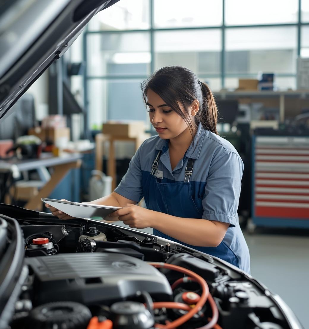 oficina automovel inteligente, com mecanico a tratar do carro com recurso a tecnologia, ambiente normal de oficina